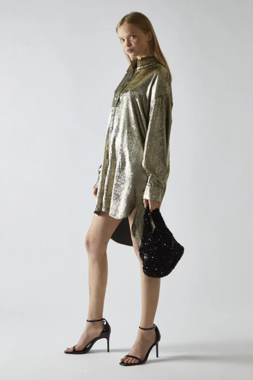 Glamorous Day Dresses|Party Dresses|Black-Gold Metallic Hi-Low Shirt-Dress -
