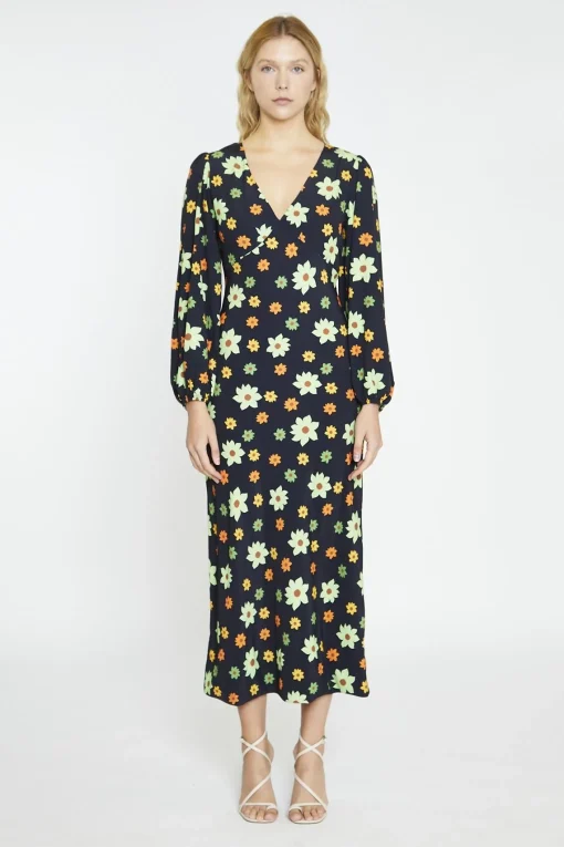Glamorous Day Dresses|Maxi Dresses|Black-Green Flower V-Neck Maxi-Dress -