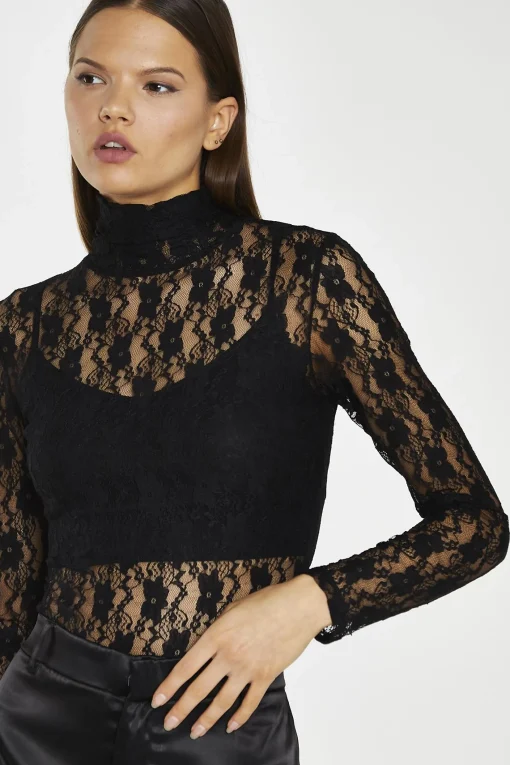 Glamorous Crops, Corsets & Bodysuits|Black-Lace High-Neck Bodysuit -