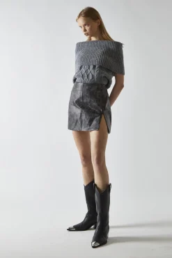 Glamorous Mini Skirts|Black-Marble PU Split Mini Skirt -