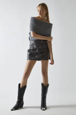 Glamorous Mini Skirts|Black-Marble PU Split Mini Skirt -