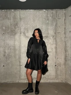 Glamorous Mini Dresses|Mini Dresses|Black-Metallic Tie-Front Swing Mini-Dress -