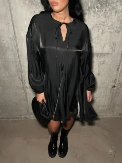 Glamorous Mini Dresses|Mini Dresses|Black-Metallic Tie-Front Swing Mini-Dress -