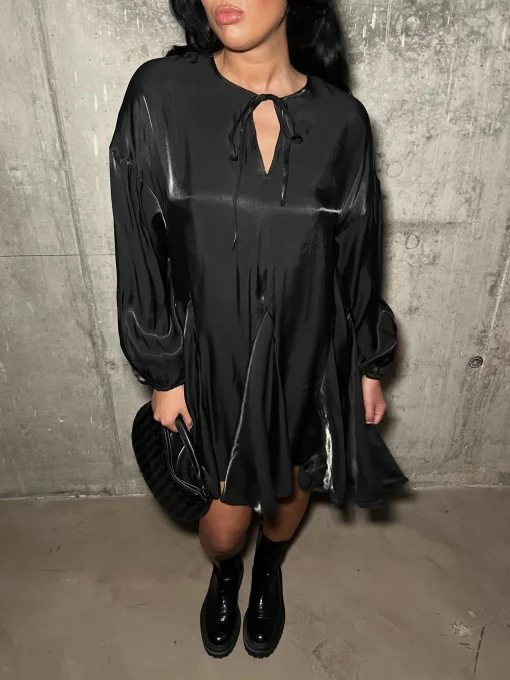 Glamorous Mini Dresses|Mini Dresses|Black-Metallic Tie-Front Swing Mini-Dress -