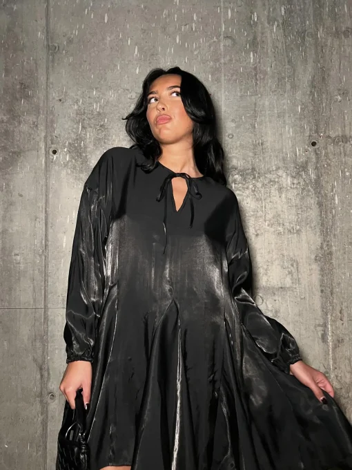 Glamorous Mini Dresses|Mini Dresses|Black-Metallic Tie-Front Swing Mini-Dress -