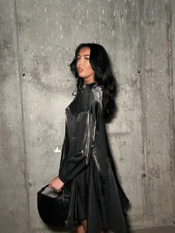 Glamorous Mini Dresses|Mini Dresses|Black-Metallic Tie-Front Swing Mini-Dress -