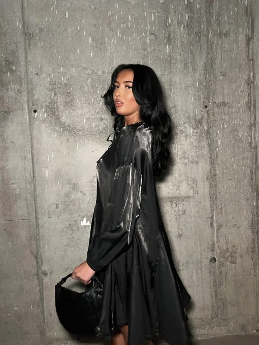 Glamorous Mini Dresses|Mini Dresses|Black-Metallic Tie-Front Swing Mini-Dress -