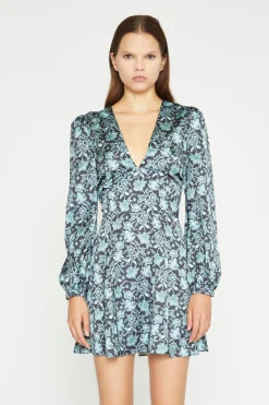 Glamorous Day Dresses|Satin Dresses|Black-Mint Paisley Satin Long Sleeve Tea Mini-Dress -