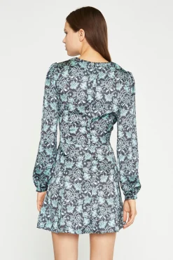 Glamorous Day Dresses|Satin Dresses|Black-Mint Paisley Satin Long Sleeve Tea Mini-Dress -