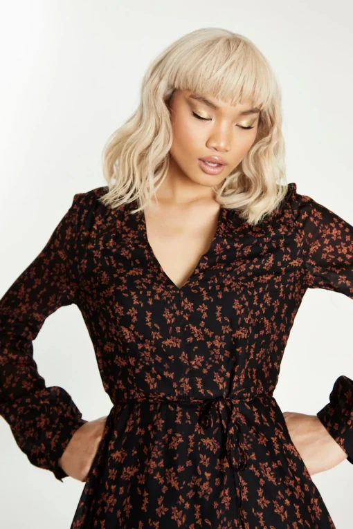 Glamorous Day Dresses|Mini Dresses|Black-Orange Floral V-Neck Mini-Dress -