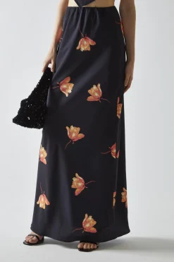 Glamorous Going Out Skirts|Co-ords|Black-Orange Flower Bias-Cut Maxi-Skirt -