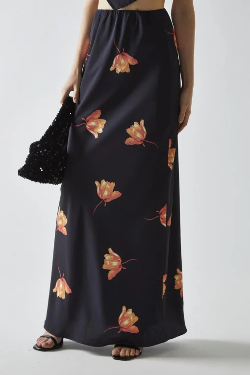 Glamorous Going Out Skirts|Co-ords|Black-Orange Flower Bias-Cut Maxi-Skirt -