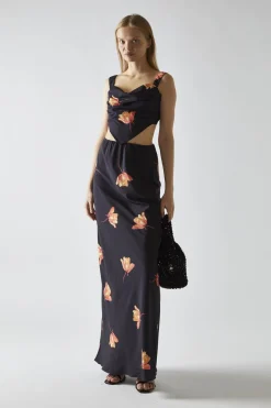 Glamorous Going Out Skirts|Co-ords|Black-Orange Flower Bias-Cut Maxi-Skirt -