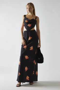 Glamorous Going Out Tops|Co-ords|Black-Orange Flower Hanky-Hem Tie-Back Crop-Top -