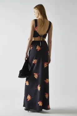 Glamorous Going Out Tops|Co-ords|Black-Orange Flower Hanky-Hem Tie-Back Crop-Top -