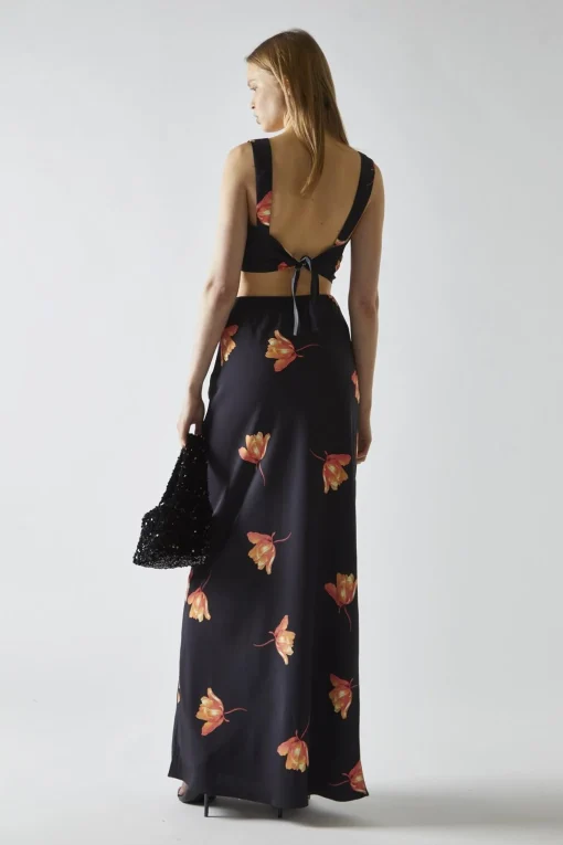 Glamorous Going Out Tops|Co-ords|Black-Orange Flower Hanky-Hem Tie-Back Crop-Top -
