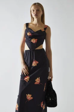 Glamorous Going Out Tops|Co-ords|Black-Orange Flower Hanky-Hem Tie-Back Crop-Top -