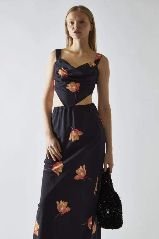 Glamorous Going Out Tops|Co-ords|Black-Orange Flower Hanky-Hem Tie-Back Crop-Top -