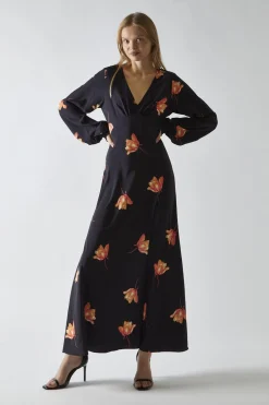 Glamorous Day Dresses|Party Dresses|Black-Orange Flower V-neck Midi-Dress -