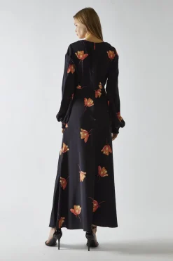 Glamorous Day Dresses|Party Dresses|Black-Orange Flower V-neck Midi-Dress -