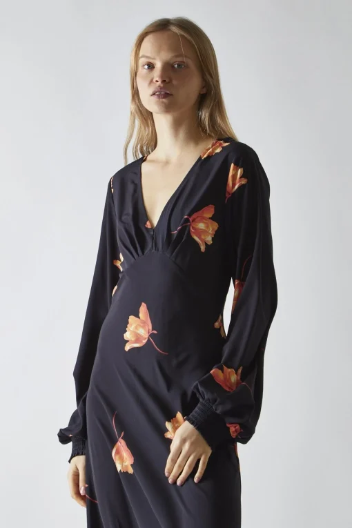 Glamorous Day Dresses|Party Dresses|Black-Orange Flower V-neck Midi-Dress -