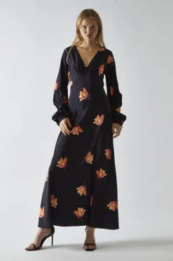 Glamorous Day Dresses|Party Dresses|Black-Orange Flower V-neck Midi-Dress -