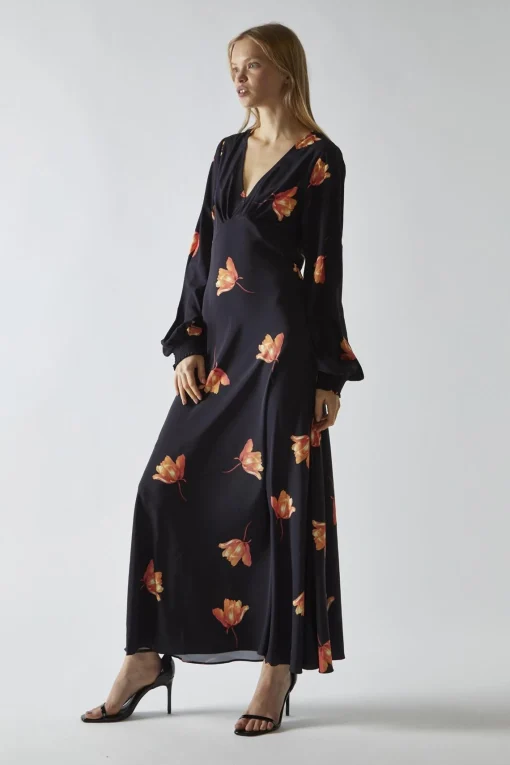 Glamorous Day Dresses|Party Dresses|Black-Orange Flower V-neck Midi-Dress -