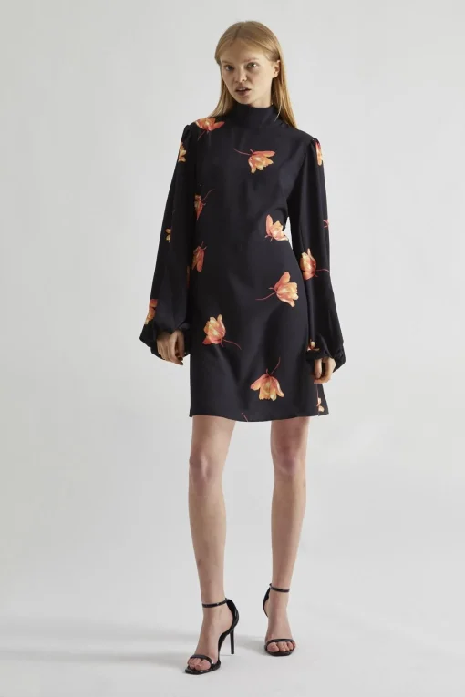 Glamorous Day Dresses|Mini Dresses|Black-Orange Flowers High-Neck Mini-Dress -