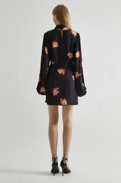 Glamorous Day Dresses|Mini Dresses|Black-Orange Flowers High-Neck Mini-Dress -