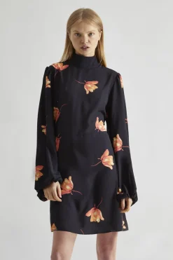 Glamorous Day Dresses|Mini Dresses|Black-Orange Flowers High-Neck Mini-Dress -