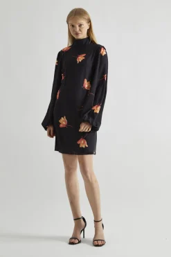 Glamorous Day Dresses|Mini Dresses|Black-Orange Flowers High-Neck Mini-Dress -