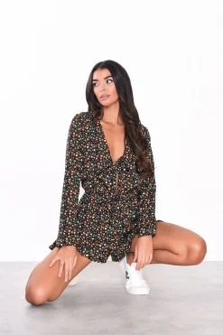 Glamorous Playsuits|Black-Orange-Ditsy Front-Tie Long-Sleeve-Playsuit -