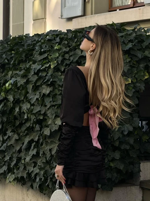 Glamorous Going Out Tops|Co-ords|Black-Pink Kaitlyn Co-ord Ruched Crop-Top -