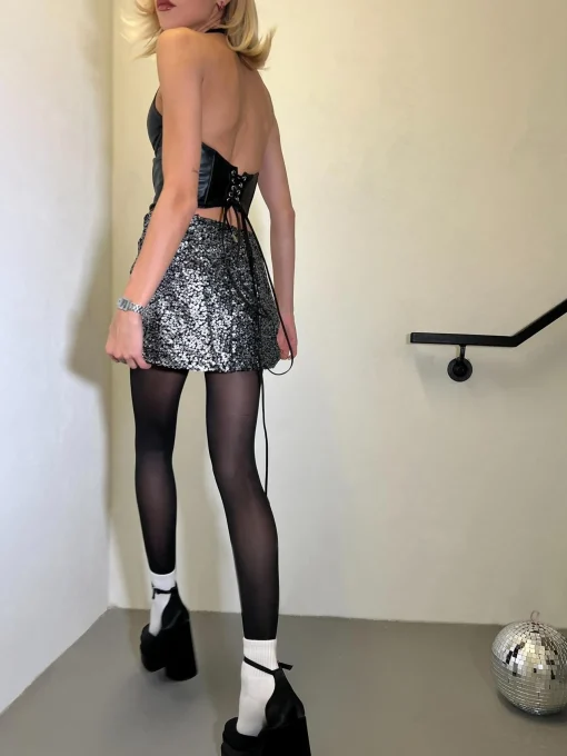 Glamorous Going Out Tops|Go To Partywear|Black-PU Halterneck Corset Crop-Top -