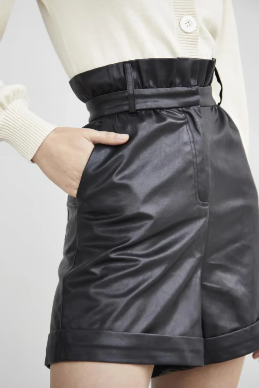 Glamorous Woven Shorts|Black-PU Paper-Bag Shorts -
