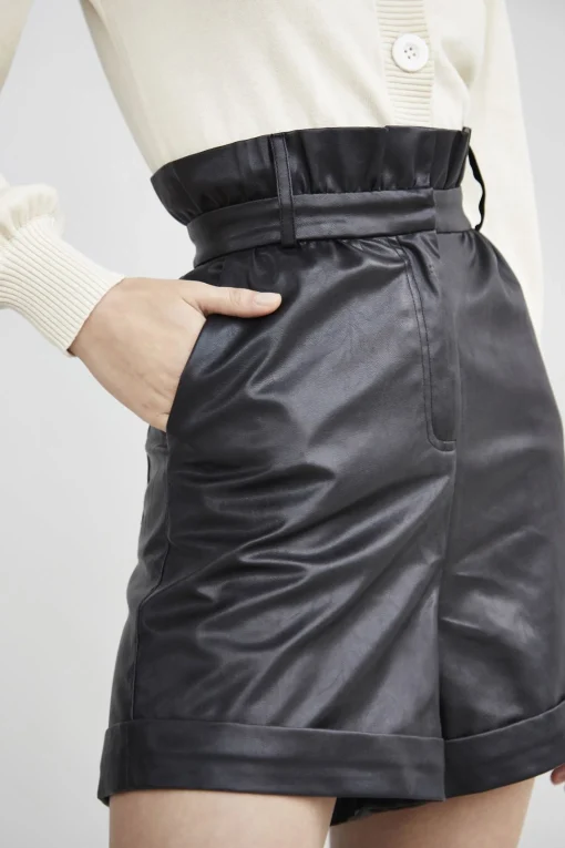 Glamorous Woven Shorts|Black-PU Paper-Bag Shorts -