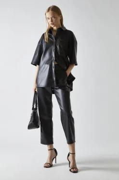 Glamorous Co-ords|Black-PU Straight-Fit Crop-Trousers -
