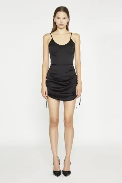 Glamorous Day Dresses|Mini Dresses|Black-Sateen Adjustable-Spaghetti-Straps Mini-Dresses -
