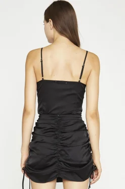 Glamorous Day Dresses|Mini Dresses|Black-Sateen Adjustable-Spaghetti-Straps Mini-Dresses -