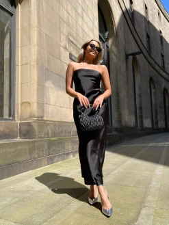 Glamorous Prom|Graduation|Black-Satin Bias-Cut Strapless Midaxi-Dress -