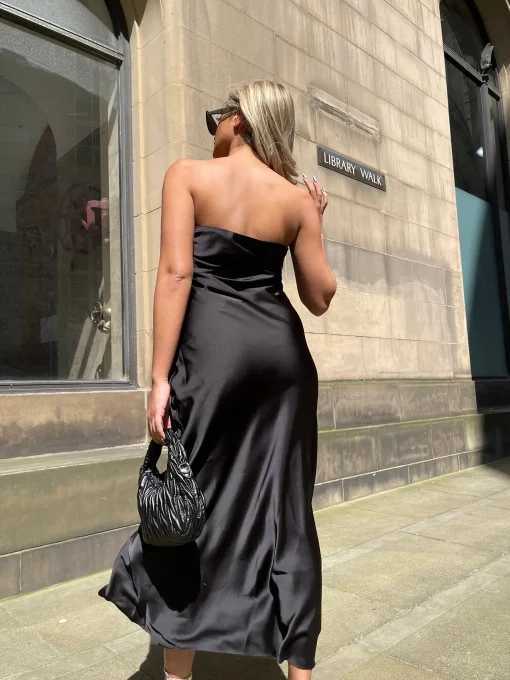 Glamorous Prom|Graduation|Black-Satin Bias-Cut Strapless Midaxi-Dress -