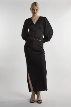 Glamorous Blouses & Shirts|Black-Satin Button-Front Top -