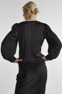 Glamorous Blouses & Shirts|Black-Satin Button-Front Top -