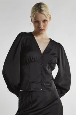 Glamorous Blouses & Shirts|Black-Satin Button-Front Top -