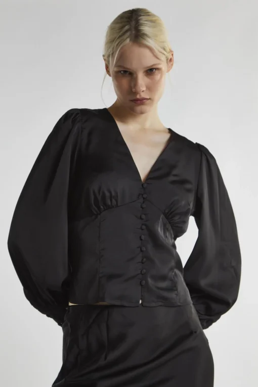 Glamorous Blouses & Shirts|Black-Satin Button-Front Top -