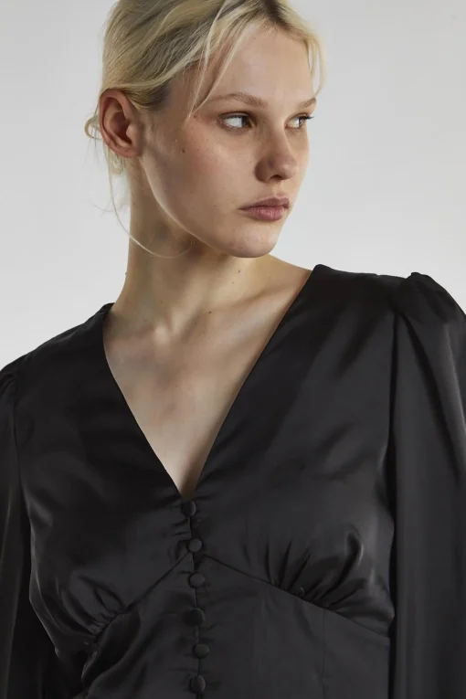 Glamorous Blouses & Shirts|Black-Satin Button-Front Top -
