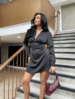 Glamorous Satin Dresses|Mini Dresses|Black-Satin Corset Shirt Mini-Dress -