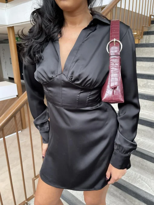 Glamorous Satin Dresses|Mini Dresses|Black-Satin Corset Shirt Mini-Dress -