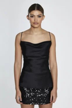 Glamorous Going Out Tops|Crops, Corsets & Bodysuits|Black-Satin Cowl-Neck Cami-Top -