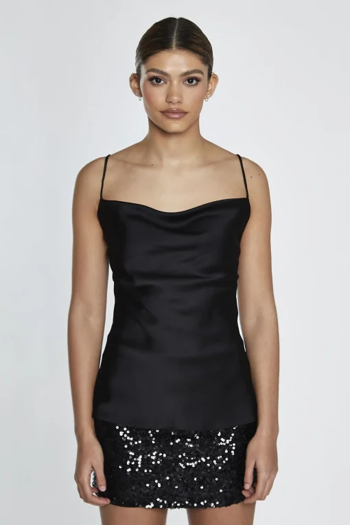 Glamorous Going Out Tops|Crops, Corsets & Bodysuits|Black-Satin Cowl-Neck Cami-Top -
